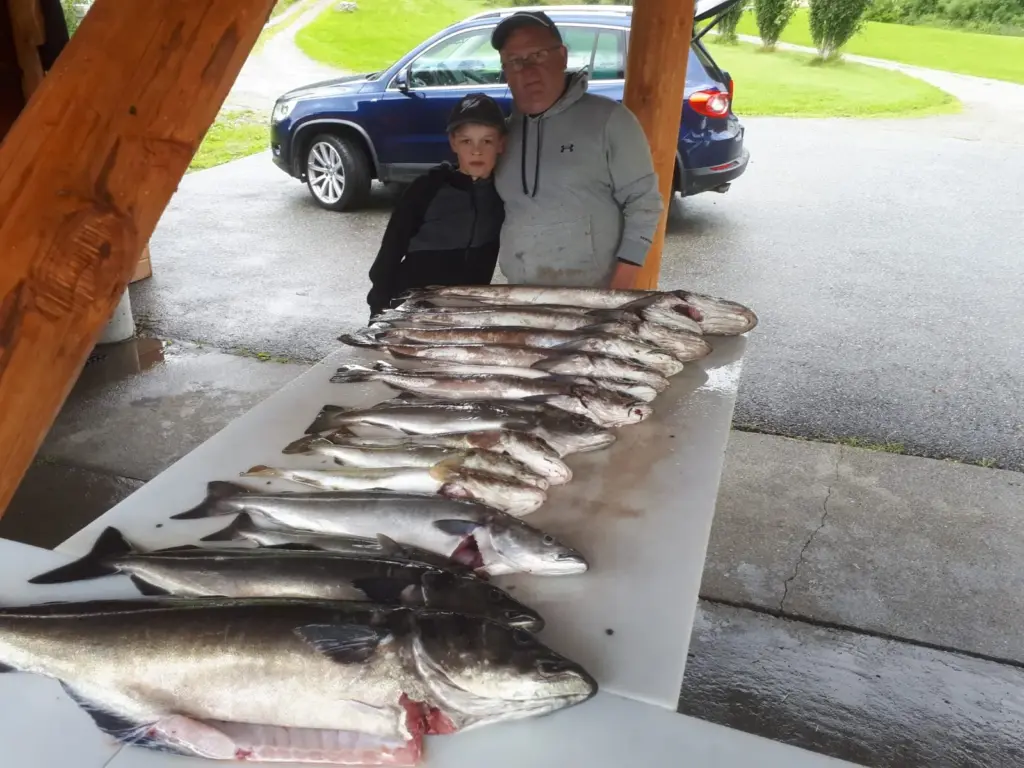 Kind mit Fischen am Fjord