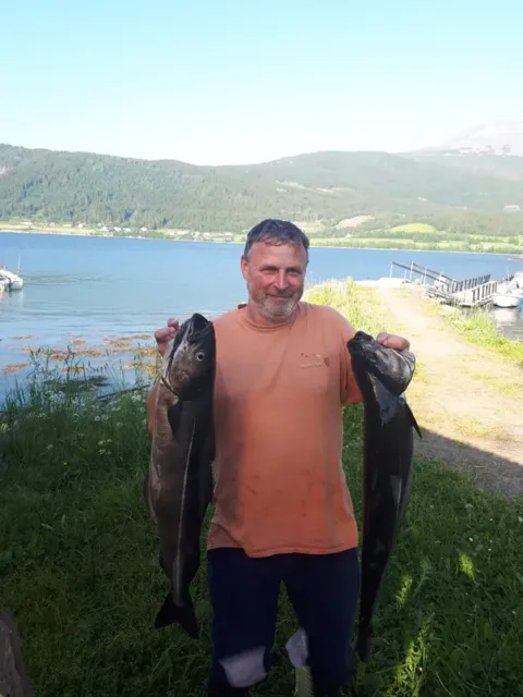 Angelgast mit zwei Fischen auf der Wiese am Fjord